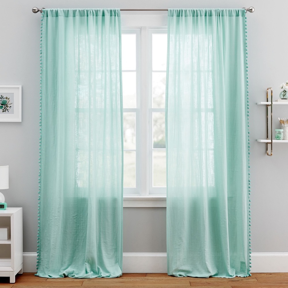PotteryBarn Teen Side Pom Sheer Curtain, set of 2, turquoise color (gently used)